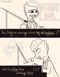 Size: 1697x2160 | Tagged: safe, artist:d3f4ult_4rt1st, oc, earth pony, pony, billy joel, clothes, emotional, lyrics, microphone, musical instrument, necktie, piano, piano man, ponified, singing, sketch, solo, suit, text