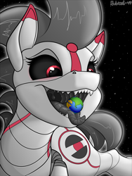 Size: 1683x2243 | Tagged: safe, artist:rubiont, oc, oc:rubiont, pony, robot, robot pony, 8/8, macro, macro/micro, open mouth, planet, space, tongue out, vore, vore day, voreday 2022