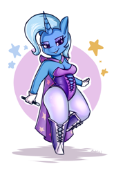 Size: 1753x2661 | Tagged: safe, artist:andelai, trixie, unicorn, anthro, g4, belly, boots, breasts, cape, cleavage, clothes, corset, female, gloves, hips, horn, looking at you, magic wand, pudgy, shoes, smiling, solo, thighs, thunder thighs, tights, unicorn horn, wide hips
