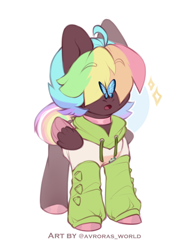 Size: 2100x2800 | Tagged: safe, artist:avroras_world, oc, oc only, oc:walter evans, butterfly, pegasus, pony, butterfly on nose, choker, clothes, high res, hoodie, insect on nose, male, multicolored hair, multicolored mane, pegasus oc, short hair, short mane, short tail, simple background, solo, sparkles, stallion, tail, white background, wings