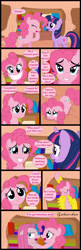 Size: 2415x7429 | Tagged: safe, artist:gutovi, pinkie pie, twilight sparkle, earth pony, pony, unicorn, comic:grace pinkie, g4, blushing, book, bookshelf, comic, conjoined, conjoined twins, derp, dialogue, eyes closed, female, floppy ears, freddie mercury, golden oaks library, grace kelly (song), horn, mare, mika, parody, pinkamena diane pie, sad, smiling, song reference, speech bubble, text, unamused, unicorn twilight, when she doesn't smile