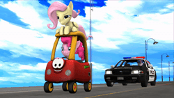 Size: 600x338 | Tagged: safe, artist:jarmasxd, fluttershy, pinkie pie, twilight sparkle, earth pony, human, pegasus, pony, equestria girls, g4, 3d, animated, car, chase, cozy coupe, ford, ford crown victoria, gif, highway, police, police car, sky, smiling