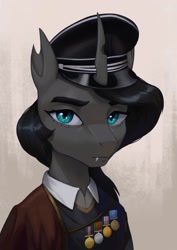 Size: 1448x2048 | Tagged: safe, artist:mrscroup, oc, oc only, changeling, equestria at war mod, cap, clothes, hat, looking at you, solo, uniform
