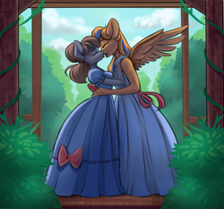 Size: 2655x2484 | Tagged: safe, artist:kittytitikitty, oc, oc only, oc:cold front, oc:disty, pegasus, unicorn, anthro, anthro oc, bow, clothes, crossdressing, dress, duo, french kiss, gown, high res, horn, kissing, pegasus oc, ponytail, princess costume, unicorn oc