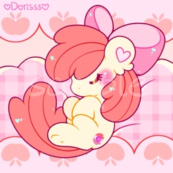 Size: 1843x1843 | Tagged: safe, artist:pinkdorisss, apple bloom, earth pony, pony, g4, adorabloom, blushing, chibi, cute, female, filly, foal, sample, sleeping, solo