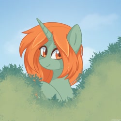 Size: 1536x1536 | Tagged: safe, artist:cottonaime, oc, pony, unicorn, bush, looking at you, orange eyes, redhead, smiling, solo