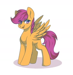 Size: 1506x1536 | Tagged: safe, artist:chickenbrony, scootaloo, pegasus, pony, female, filly, foal, looking at you, open mouth, smiling, solo, spread wings, wings