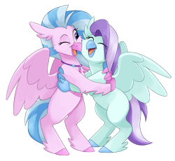 Size: 3042x2799 | Tagged: safe, artist:luximus17, silverstream, oc, oc:ocean breeze, oc:ocean breeze (savygriffs), classical hippogriff, hippogriff, canon x oc, duo, hippogriff oc, hug, oceanstream, one eye closed, wink