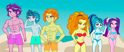 Size: 18895x7916 | Tagged: safe, artist:urhangrzerg, adagio dazzle, aria blaze, sonata dusk, human, equestria girls, g4, absurd resolution, allegro amoroso, beach, belly button, duality, eyebrows, eyebrows visible through hair, frown, grin, hand on head, hand on hip, male, muscles, muscular male, open mouth, open smile, ouvertis grandioso, r63 paradox, rule 63, scherzo lesto, smiling, summer, the blindings, the dazzlings
