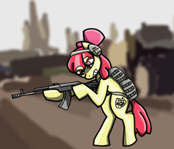 Size: 1500x1282 | Tagged: safe, artist:halfaman, derpibooru exclusive, apple bloom, earth pony, pony, g4, ak-74m, backpack, bipedal, blurry background, customized toy, escape from tarkov, gun, headphones, photo, pmc, solo, toy, weapon