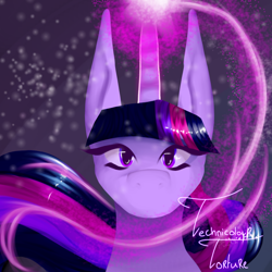 Size: 1280x1280 | Tagged: safe, artist:technicolourtorture, twilight sparkle, alicorn, pony, g4, flowing mane, looking at you, magic, simple background, solo, twilight sparkle (alicorn)
