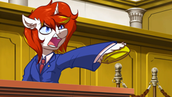 Size: 4000x2256 | Tagged: safe, artist:witchtaunter, oc, oc only, pony, unicorn, ace attorney, angry, attorney, clothes, commission, courtroom, ears back, male, meme, necktie, objection, phoenix wright, ponified, ponified meme, reference, solo, stallion, suit, unshorn fetlocks, yelling