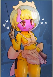 Size: 910x1320 | Tagged: safe, artist:mistleinn, oc, oc:puppysmiles, earth pony, anthro, fallout equestria, fallout equestria: pink eyes, blonde hair, clothes, fanfic art, female, hazmat suit, peace sign, pink eyes, solo, uniform
