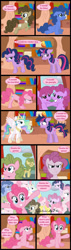 Size: 477x1674 | Tagged: safe, artist:gutovi, berry punch, berryshine, blues, carrot top, doctor whooves, golden harvest, noteworthy, pinkie pie, princess celestia, time turner, twilight sparkle, alicorn, earth pony, pony, unicorn, comic:grace pinkie, g4, angry, blood, blushing, book, bookshelf, butt, clothes, cloud, comic, confused, crown, dialogue, discorded, dyed mane, egg, eyes closed, fake horn, fake wings, female, floppy ears, freddie mercury, golden oaks library, grace kelly (song), horn, jewelry, mare, meanie pie, messy mane, mika, necktie, nosebleed, parody, pinkamena diane pie, pinpoint eyes, plot, regalia, sad, shoes, sitting, smiling, song reference, speech bubble, text, twilight snapple, unamused, unicorn twilight