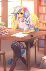 Size: 1934x3002 | Tagged: safe, alternate version, artist:fensu-san, oc, oc only, oc:jeppesen, pegasus, anthro, unguligrade anthro, bag, beautiful, black socks, book, bookshelf, bowtie, braid, braided tail, breasts, briefcase, chair, clothes, commission, cottagecore, crepuscular rays, cute, desk, female, flower, flower in hair, indoors, ink, inkwell, kneesocks, lamp, legs, library, lidded eyes, lined paper, long hair, long tail, mare, plaid skirt, pleated skirt, quill, quill pen, reasonably sized breasts, scenery, school bag, school uniform, schoolgirl, shirt, sitting, skirt, smiling, socks, solo, spread wings, stockings, striped socks, studying, tail, thigh highs, twin braids, uniform, window, wing fluff, wings, writing, zettai ryouiki
