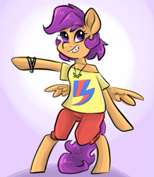 Size: 871x1000 | Tagged: safe, artist:smirk, scootaloo, pegasus, semi-anthro, g4, arm hooves, bracelet, braces, clothes, colored sketch, female, filly, foal, jewelry, necklace, shirt, shorts, smiling, solo, t-shirt, teenager