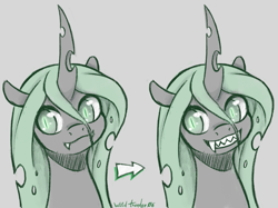 Size: 2739x2054 | Tagged: safe, artist:wild-thunder06, queen chrysalis, changeling, changeling queen, g4, cute, cutealis, fangs, female, gray background, grin, high res, looking at you, sharp teeth, simple background, smiling, smiling at you, solo, teeth