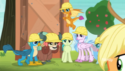 Size: 1248x702 | Tagged: safe, screencap, applejack, gallus, ocellus, sandbar, silverstream, smolder, yona, changedling, changeling, classical hippogriff, dragon, earth pony, griffon, hippogriff, pony, yak, g4, non-compete clause, clothes, cloven hooves, colored hooves, hard hat, hat, jewelry, necklace, offscreen character, student six