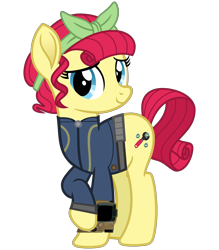 Size: 2800x3200 | Tagged: safe, artist:ponygamer2020, torque wrench, earth pony, pony, fallout equestria, rainbow roadtrip, atorqueable, bandana, clothes, cute, fallout, female, high res, jumpsuit, looking at you, mare, overalls, pipboy, raised hoof, shy, shy smile, simple background, smiling, smiling at you, solo, transparent background, vault suit, vector