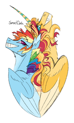 Size: 600x1000 | Tagged: safe, artist:eqq_scremble, derpibooru exclusive, rainbow dash, sunset shimmer, alicorn, pegasus, alicornified, alternate design, back to back, bust, crack shipping, duo, female, lesbian, portrait, race swap, shimmercorn, shipping, short hair, simple background, smiling, sunsetdash, white background, xk-class end-of-the-world scenario