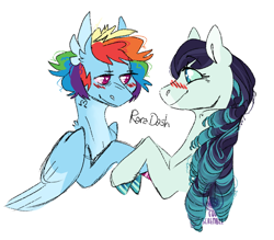 Size: 800x700 | Tagged: safe, artist:eqq_scremble, derpibooru exclusive, coloratura, rainbow dash, earth pony, pegasus, pony, g4, blushing, bust, colored hooves, crack shipping, duo, female, heart, heart eyes, hoofsies, lesbian, portrait, raradash, shipping, short hair, simple background, smiling, tattoo, white background, wingding eyes