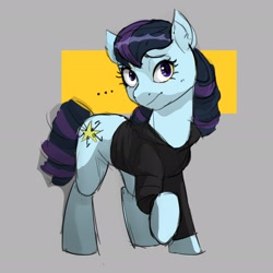 Size: 2654x2654 | Tagged: safe, artist:egil, coloratura, earth pony, pony, g4, clothes, female, high res, looking at you, mare, ponybooru import, raised hoof, raised leg, simple background, smiling, solo, sweater