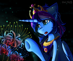 Size: 1889x1583 | Tagged: safe, alternate version, artist:yuris, oc, oc only, alicorn, pony, alicorn oc, black background, blue skin, commission, crown, folded wings, horn, jewelry, male, open mouth, regalia, simple background, solo, two toned mane, wings, ych result