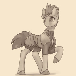 Size: 1600x1600 | Tagged: safe, artist:tenebrisnoctus, fizzlepop berrytwist, tempest shadow, pony, unicorn, g4, armor, broken horn, eye scar, female, hoof shoes, horn, mare, monochrome, raised hoof, royal guard, royal guard armor, scar, smiling, solo, sternocleidomastoid, tempest becomes a royal guard