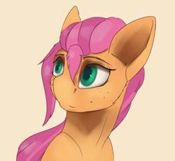 Size: 2152x1986 | Tagged: safe, artist:tenebrisnoctus, sunny starscout, earth pony, pony, g5, bust, female, freckles, looking back, mare, portrait, simple background, smiling, solo, sternocleidomastoid