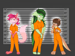 Size: 1280x963 | Tagged: safe, artist:jikatsu95, oc, oc only, oc:eden shallowleaf, fox, otter, anthro, anthro oc, bound wings, chained, clothes, commission, cuffs, furry, furry oc, handcuffed, jumpsuit, line-up, prison outfit, varying degrees of want, wings