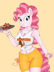 Size: 1536x2048 | Tagged: safe, artist:cjv2004, pinkie pie, earth pony, anthro, g4, big breasts, breasts, busty pinkie pie, cleavage, clothes, empanada, female, food, hooters, looking at you, midriff, shorts, simple background, solo, sweatband, tank top, translated in the comments, uniform
