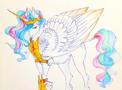 Size: 3000x2224 | Tagged: safe, artist:heavenart0, princess celestia, alicorn, pony, g4, armor, colored wings, colored wingtips, crown, feathered fetlocks, female, hair over one eye, high res, jewelry, leonine tail, mare, peytral, redesign, regalia, shin guards, simple background, solo, tail, traditional art, wings
