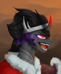 Size: 900x1095 | Tagged: safe, artist:xzjeep, king sombra, pony, umbrum, unicorn, g4, bust, cape, clothes, glowing, glowing horn, horn, male, open mouth, portrait, signature, solo, sombra eyes, stallion, windswept mane