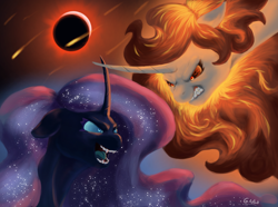 Size: 1750x1300 | Tagged: safe, artist:justgaduh, daybreaker, nightmare moon, alicorn, pony, g4, duo, duo female, eclipse, ethereal mane, female, fight, fireball, gritted teeth, mane of fire, mare, siblings, signature, sisters, solar eclipse, teeth