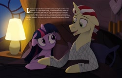 Size: 4096x2602 | Tagged: safe, artist:bearmation, flim, twilight sparkle, pony, unicorn, g4, alternate universe, bed, clothes, crack shipping, female, floppy ears, golden oaks library, in bed, looking at each other, looking at someone, male, mare, pajamas, shipping, stallion, story included, straight, text, twiflim, unicorn twilight