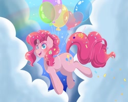Size: 2000x1600 | Tagged: safe, artist:phoenixfox96, pinkie pie, earth pony, pony, balloon, candy, cloud, female, floating, food, lollipop, mare, rainbow, solo, then watch her balloons lift her up to the sky