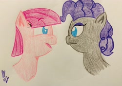 Size: 4032x2850 | Tagged: safe, artist:jesslmc16, maud pie, pinkie pie, earth pony, pony, g4, alternate hairstyle, colored pencil drawing, head only, looking at each other, looking at someone, mane swap, maudie pie, pinkamena diane pie, traditional art