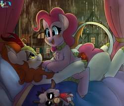 Size: 3500x3000 | Tagged: safe, artist:brainiac, autumn blaze, pinkie pie, earth pony, kirin, pony, g4, autumnpie, collar, controller, cuddling, cult of the lamb, cute, female, high res, lesbian, mare, plushie, red crown, shipping, xbox controller
