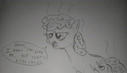 Size: 4036x2319 | Tagged: safe, anonymous artist, oc, oc:oatmeal, earth pony, pony, 4chan, dialogue, female, food, mare, monochrome, oatmeal, oats, open mouth, pencil drawing, traditional art, unamused