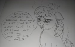 Size: 3888x2475 | Tagged: safe, anonymous artist, oc, oc:oatmeal, earth pony, pony, 4chan, blushing, confused, dialogue, female, food, heart, high res, looking at you, mare, monochrome, oatmeal, oats, open mouth, pencil drawing, traditional art