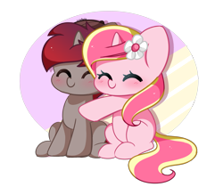 Size: 3793x3182 | Tagged: safe, artist:kittyrosie, oc, oc only, oc:rosa flame, pony, duo, eyes closed, flower, flower in hair, high res, hug, simple background, transparent background