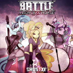 Size: 1621x1624 | Tagged: safe, artist:foxinshadow, adagio dazzle, aria blaze, sonata dusk, anthro, equestria girls, g4, my little pony equestria girls: rainbow rocks, 2015, album cover, commission, drum kit, drums, electric guitar, grin, guitar, microphone, microphone stand, musical instrument, old art, smiling