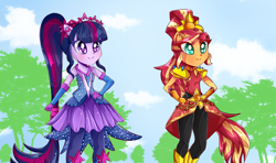 Size: 2263x1339 | Tagged: safe, artist:vixelzf, sci-twi, sunset shimmer, twilight sparkle, equestria girls, g4, my little pony equestria girls: legend of everfree, boots, clothes, colored pupils, commission, crystal guardian, duo, female, high heel boots, ponied up, shoes