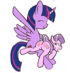 Size: 281x294 | Tagged: safe, artist:rusticanon, diamond tiara, twilight sparkle, alicorn, earth pony, pony, g4, discipline, duo, eyes closed, featureless crotch, female, filly, foal, mare, open mouth, over the knee, punishment, reddened butt, simple background, smiling, spank mark, spanking, surprised, twilight sparkle (alicorn), white background