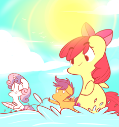 Size: 912x972 | Tagged: safe, artist:angellafluff, apple bloom, scootaloo, sweetie belle, earth pony, pegasus, pony, unicorn, g4, bipedal, cutie mark crusaders, female, filly, foal, grin, smiling, splashing, sun, the cmc's cutie marks, wakeboarding, water