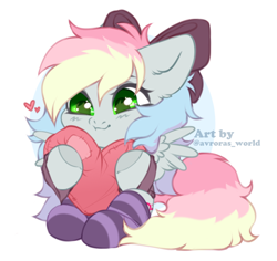 Size: 900x850 | Tagged: safe, artist:avroras_world, oc, oc only, oc:blazey sketch, pegasus, pony, blushing, bow, chibi, clothes, commission, cute, cuteness overload, green eyes, grey fur, hair bow, heart, multicolored hair, simple background, small wings, smiling, socks, solo, striped socks, sweater, wings, ych result