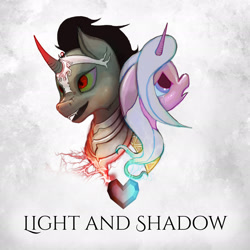 Size: 1920x1920 | Tagged: safe, artist:vitaj, idw, king sombra, radiant hope, pony, unicorn, g4, abstract background, album cover, bust, colored horn, crying, crystal heart, curved horn, duo, horn, portrait, sombra eyes, sombra horn