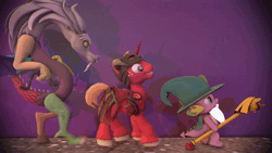 Size: 1920x1080 | Tagged: safe, artist:olkategrin, big macintosh, discord, spike, draconequus, earth pony, pony, unicorn, dungeons and discords, g4, 3d, animated, archer, beard, bow (weapon), cloak, clothes, dr. livesey walk, facial hair, ghostface playa, guys night, hat, helmet, hooves, horn, long hair, mage, meme, parody, parody of a parody, phonk, scepter, simple background, skyrim, sound, source filmmaker, the elder scrolls, treasure island, trio, twilight scepter, walk cycle, walking, webm