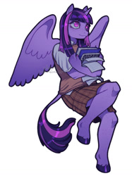 Size: 1280x1708 | Tagged: safe, artist:allegedratmonster, twilight sparkle, anthro, unguligrade anthro, book, clothes, freckles, school uniform, simple background, skirt, solo, white background