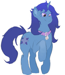 Size: 735x840 | Tagged: safe, artist:bagetnik, oc, oc only, oc:delly, pony, unicorn, collar, commission, female, mare, raised hoof, simple background, smiling, solo, white background